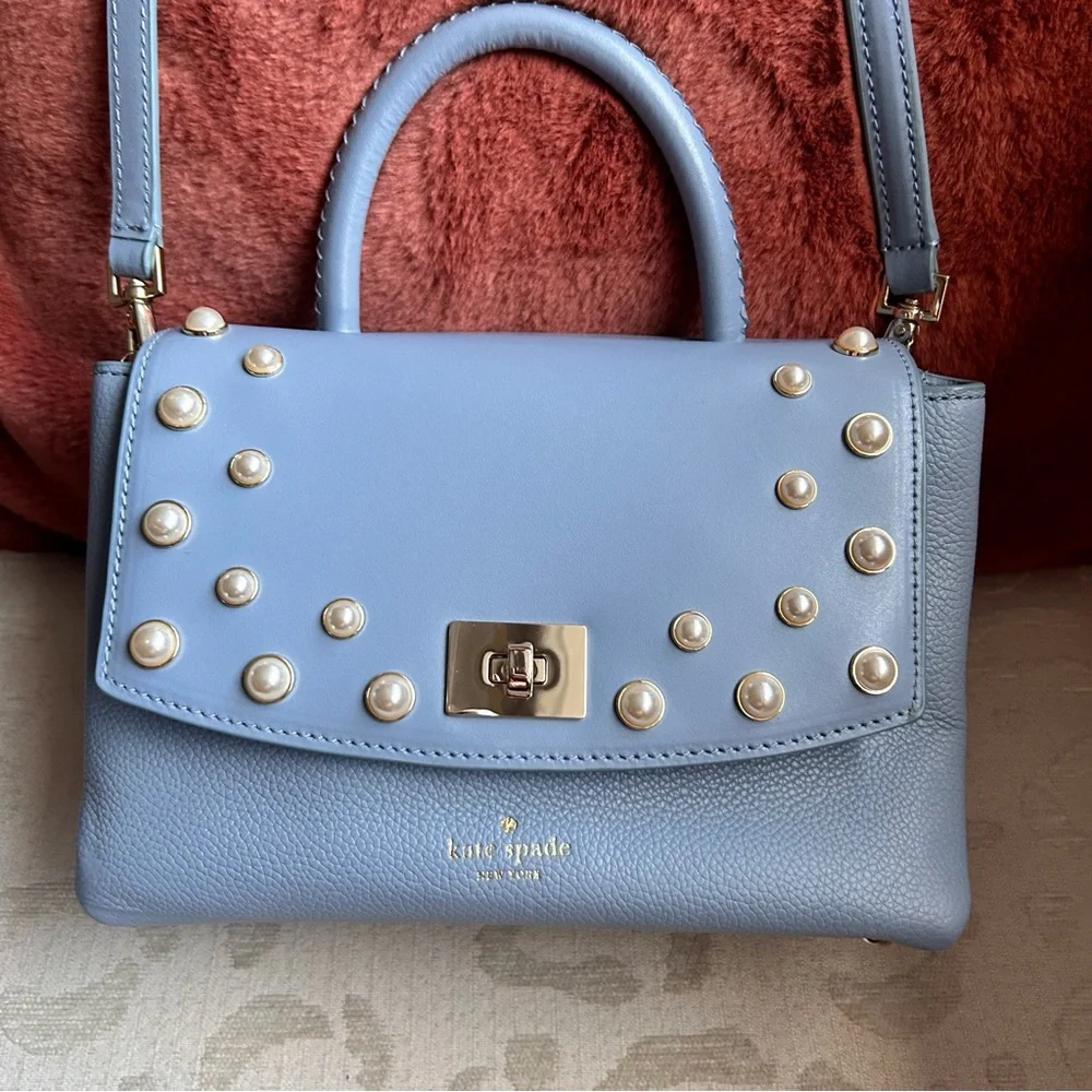 Kate Spade Serrano Place Pearl Shonna Baby Blue Leather Turnlock Flap Crossbody
